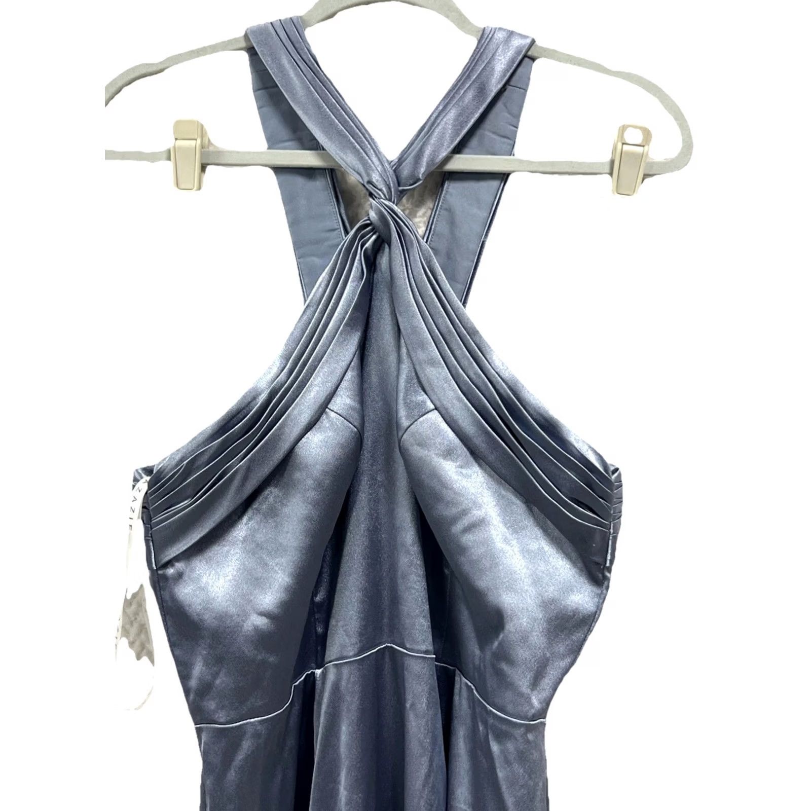 Vintage Azazie Satin Halter Bridesmaid Dress A12 Slate Blue Open Back Formal Prom Gown Size ONE SIZE - 5 Thumbnail