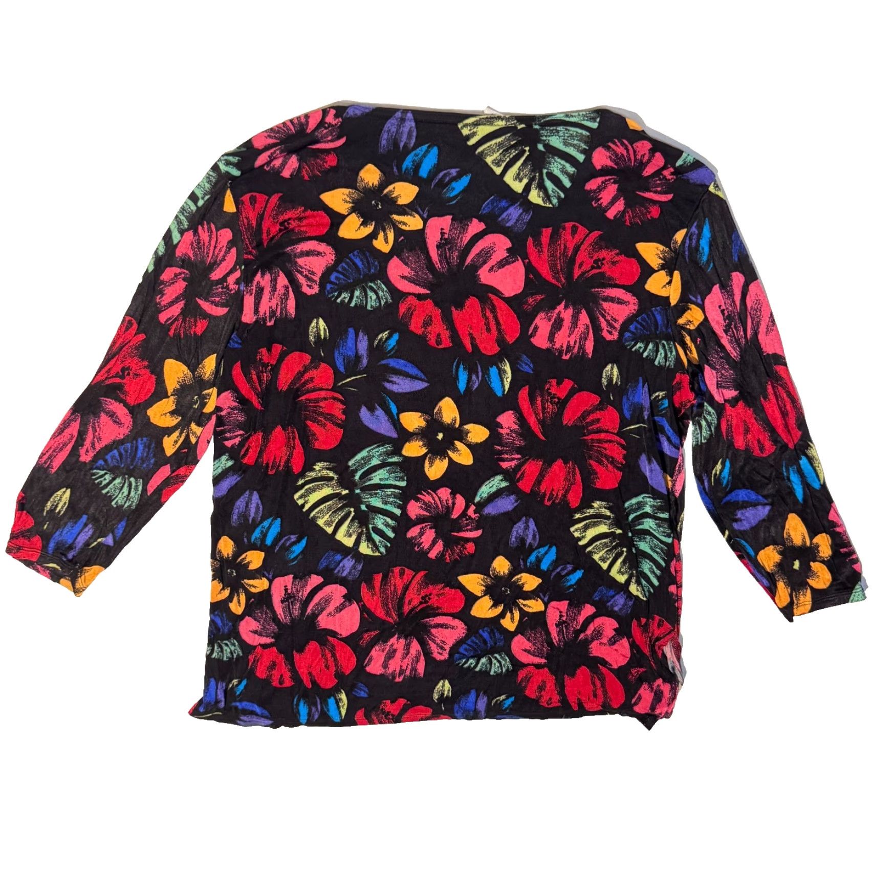 Preston & York Preston & York T-Shirt - Black Colorful Floral Print Top, L, Crew Neck, 3/4 Sleeve, Jersey, Logo, Casual, Regular Fit, Women Size L / US 10 / IT 46 - 7 Thumbnail