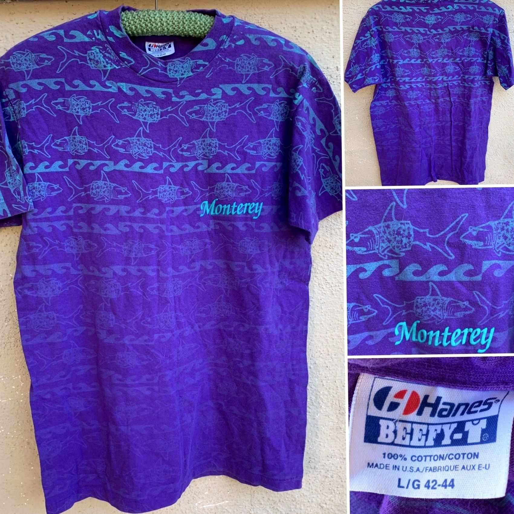 Hanes VINTAGE Monterey All Over Print Shark In Sunglasses & Shirt T-Shirt 80s 90s L Mens Purple Graphic Tee Hanes 100% Cotton Short Sleeve Sportswear/Beach Size US L / EU 52-54 / 3 - 2 Thumbnail