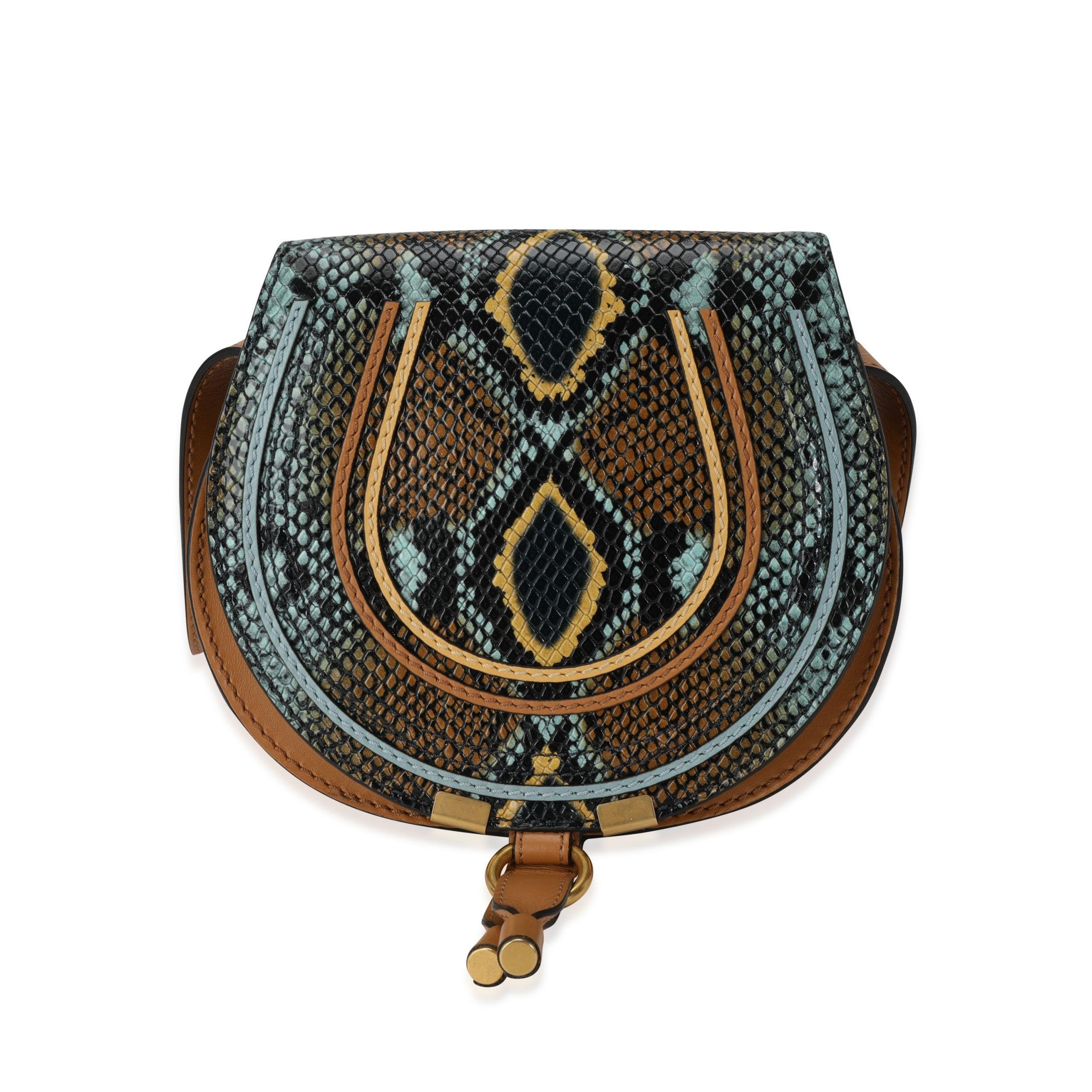 image of Chloe Brown And Teal Python-Embossed Calfskin Small Marcie Saddle Bag, Women's