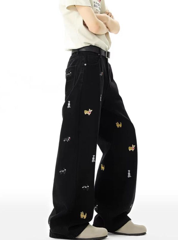 Japanese Brand Men's washed distressed wide-leg puppy embroidered jeans Size US 32 / EU 48 - 3 Thumbnail