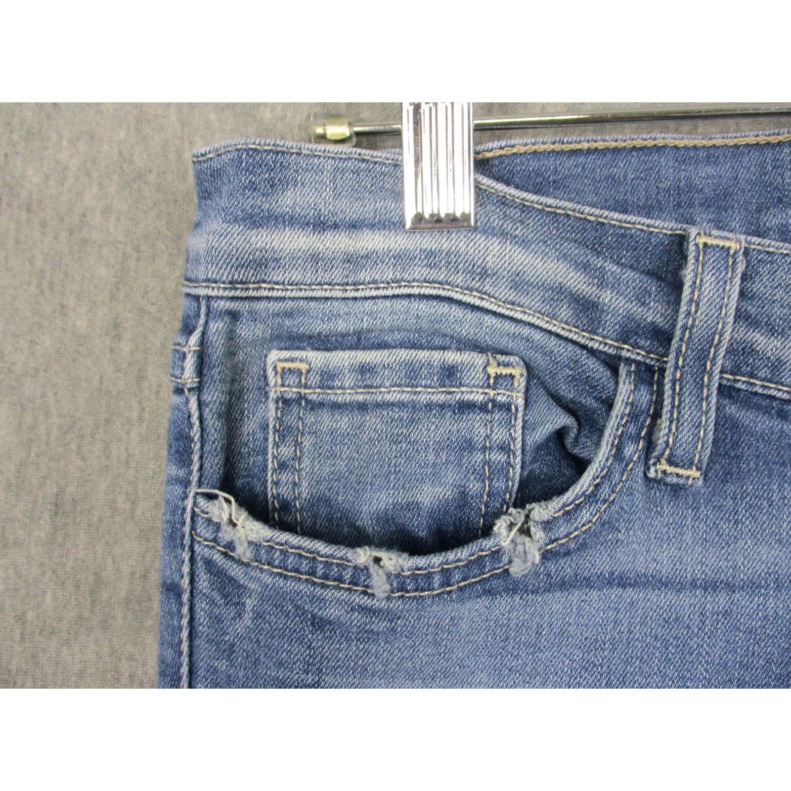 Vintage Flying Monkey Jeans Womens 29 Blue Medium Wash Low Rise Flare Distressed Frayed Size 29" - 5 Thumbnail