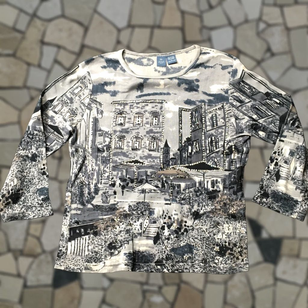 Vintage Womens large round Neck Rhinestones city life graphic long sleeve designer Size L / US 10 / IT 46 - 1 Thumbnail