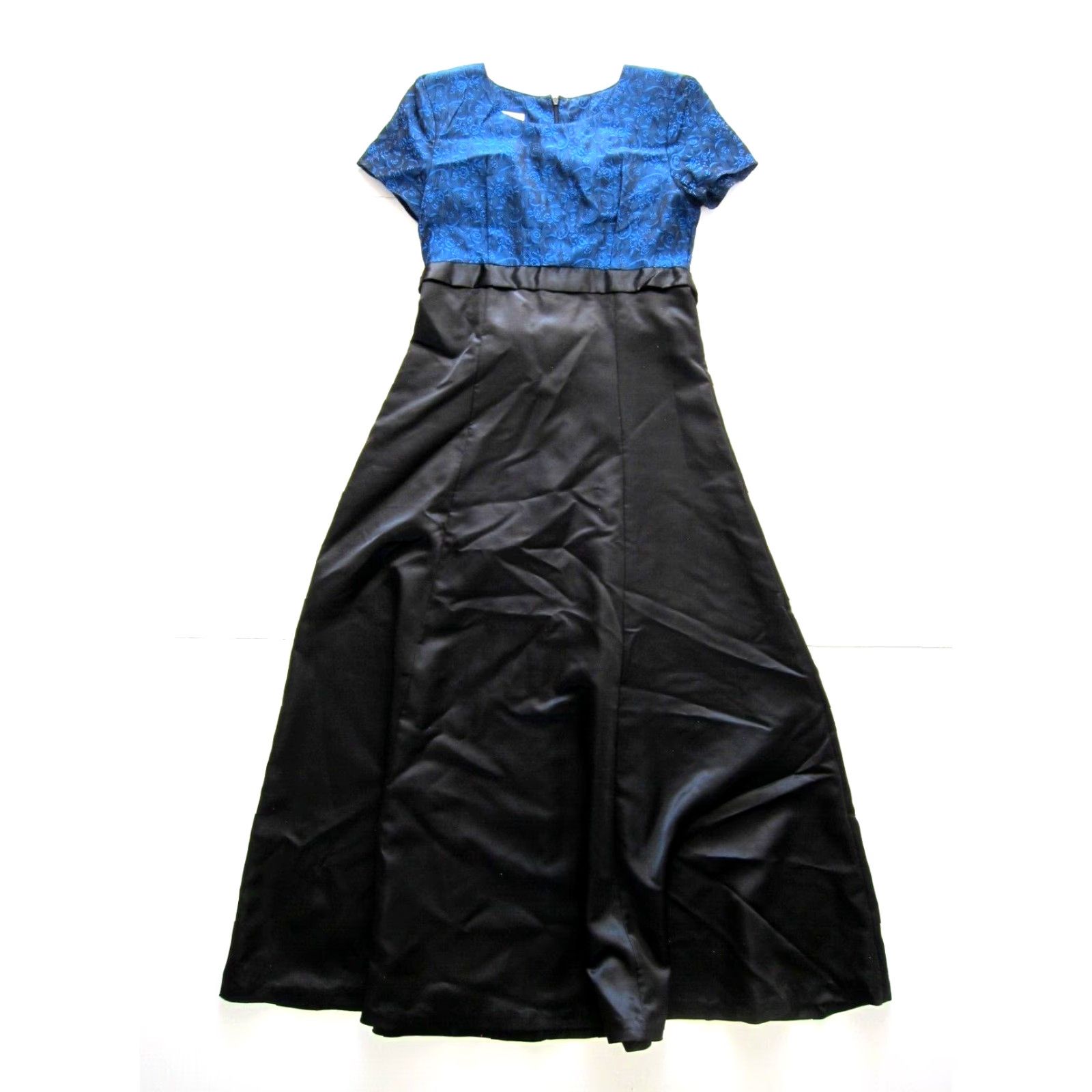 Vintage Vtg Formal Fashions Blue Black Satin Floral Short Sleeve Long Maxi Party Dress 6 Size 28" / US 6 / IT 42 - 2 Thumbnail