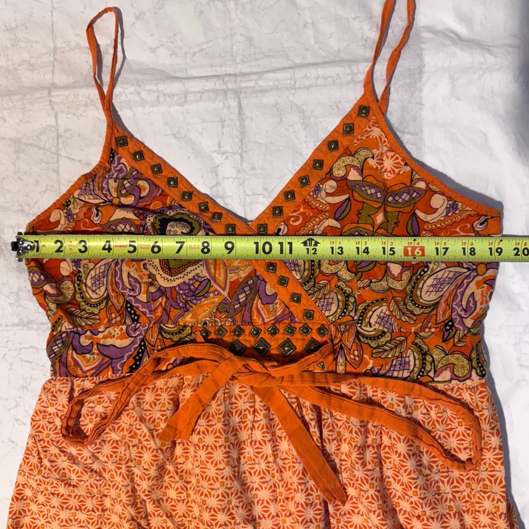 Vintage Magic Dress 1X Orange Paisley Sun Dress Studded Sphagetti Strap Front Tie Summer Size XL / US 12-14 / IT 48-50 - 4 Thumbnail