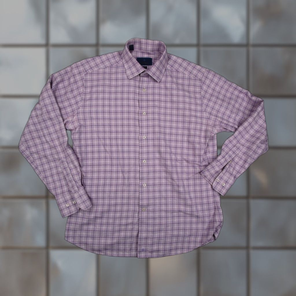 David Donahue David Donahue Dress Shirt Mens 16.5 34/35 Purple Plaid Trim Fit Button Front Size 34R - 1 Thumbnail