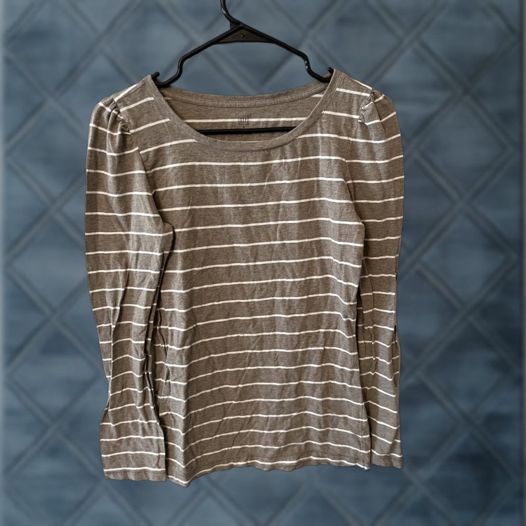 Gap VINTAGE Gap Women's Long Sleeve Shirt S Beige Striped Puff Sleeve Crew Neck Casual Fall Spring Summer Winter Size S / US 4 / IT 40 - 1 Thumbnail