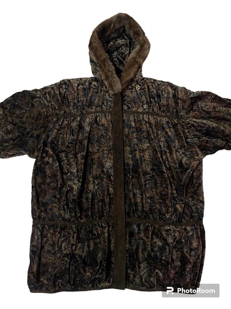 image of Designer Grunstein Couture Faux Fur Full Print Button Up Jacket in Brown, Men's (Size XL)