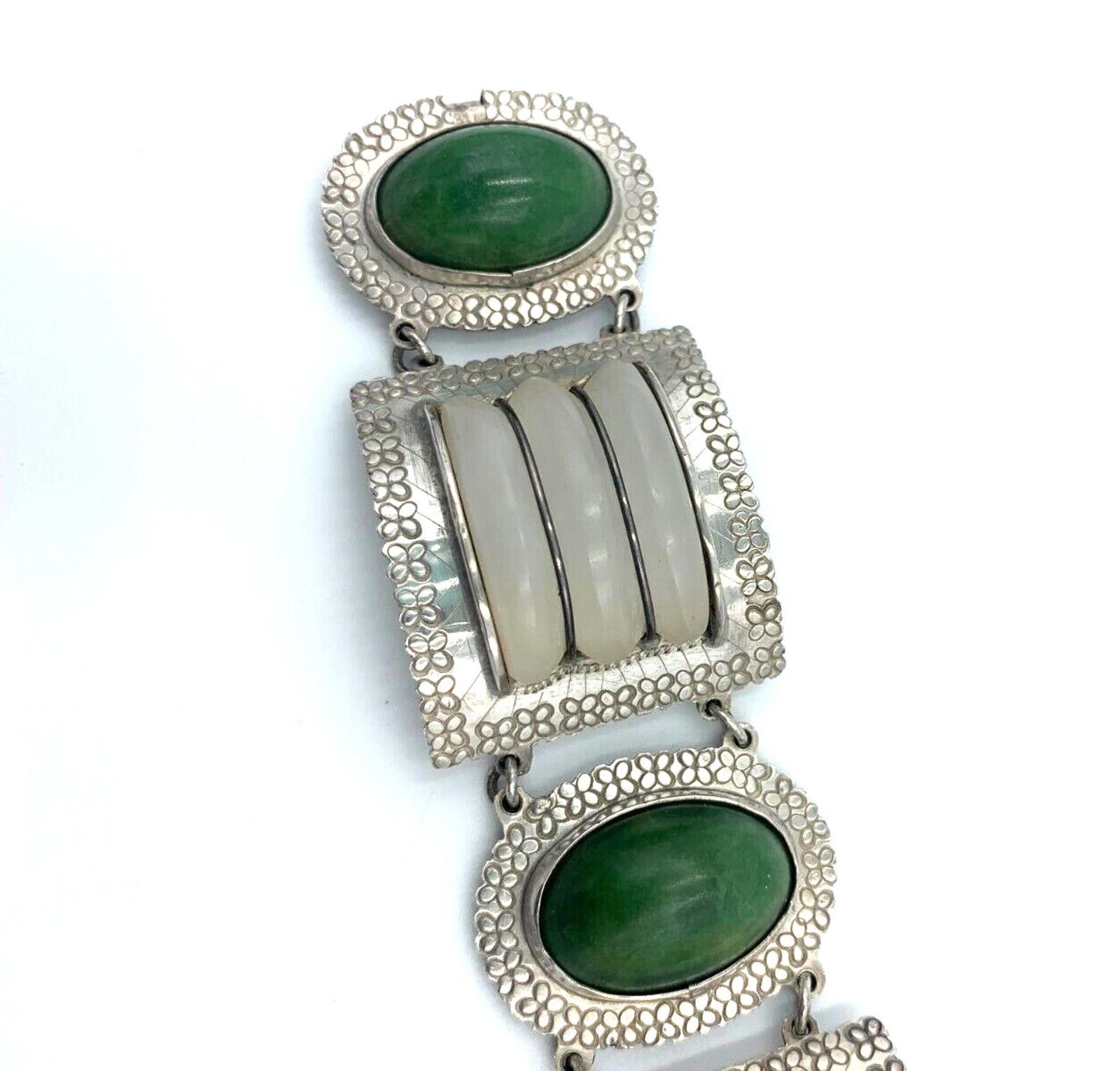 The Unbranded Brand Vintage Sterling Silver Quartz Nephrite Wide Bracelet Mexico Size ONE SIZE - 5 Thumbnail