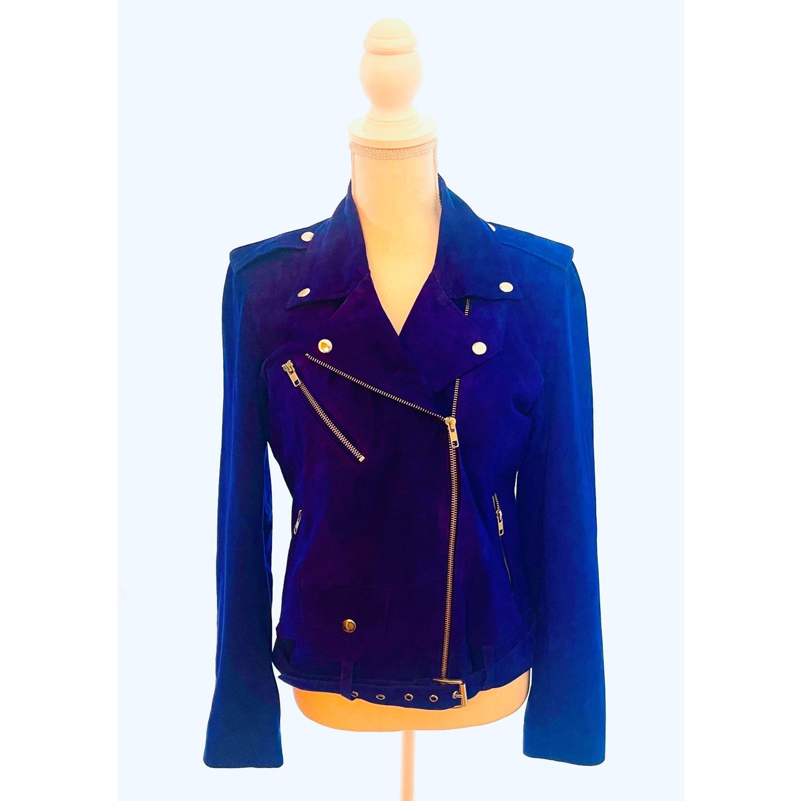& Other Stories Sapphire Blue Suede Moto Belted Jacket Size S / US 4 / IT 40 - 2 Thumbnail