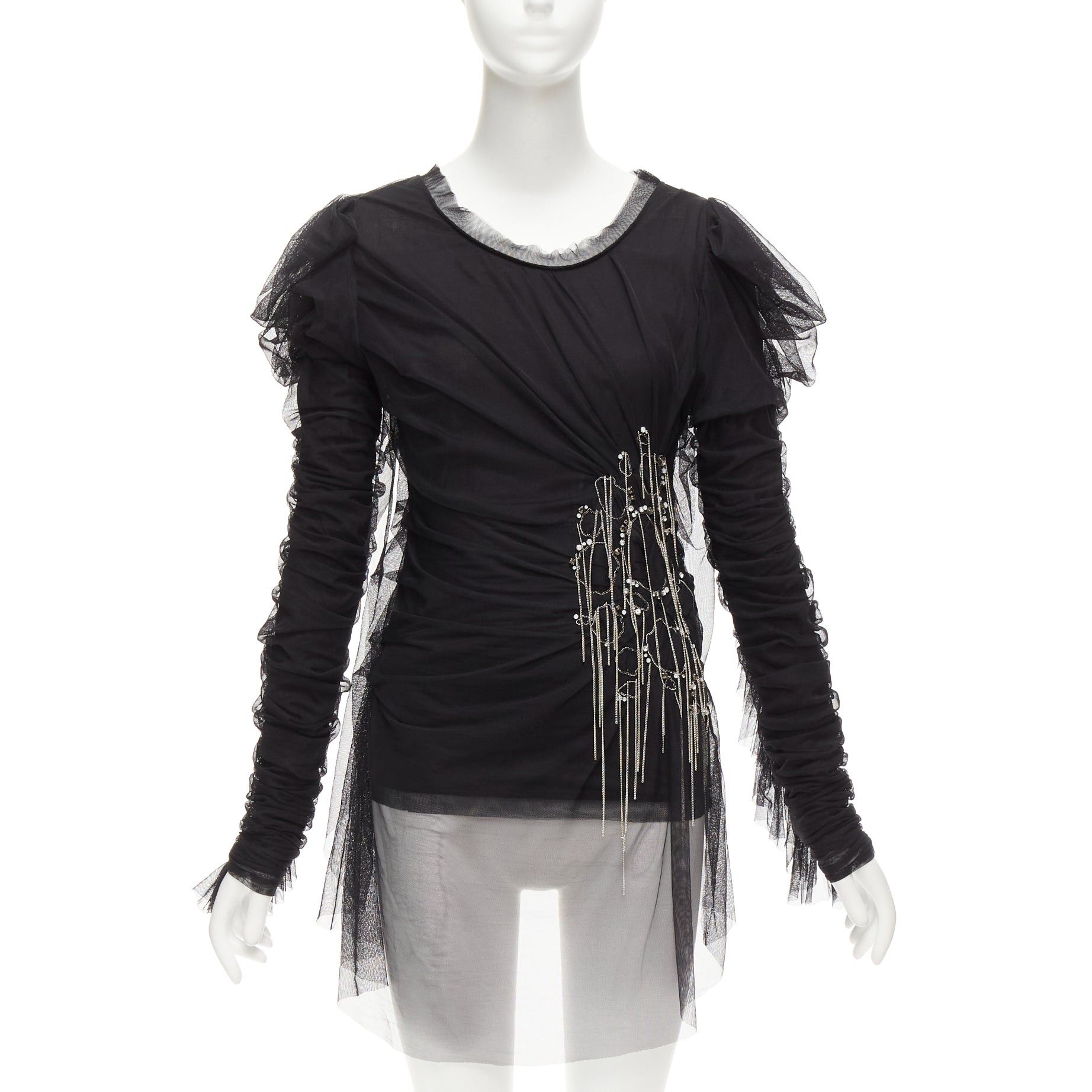 Faith Connexion FAITH CONNEXION black viscose mesh overlay silver chain crystal top S Size S / US 4 / IT 40 - 1 Thumbnail