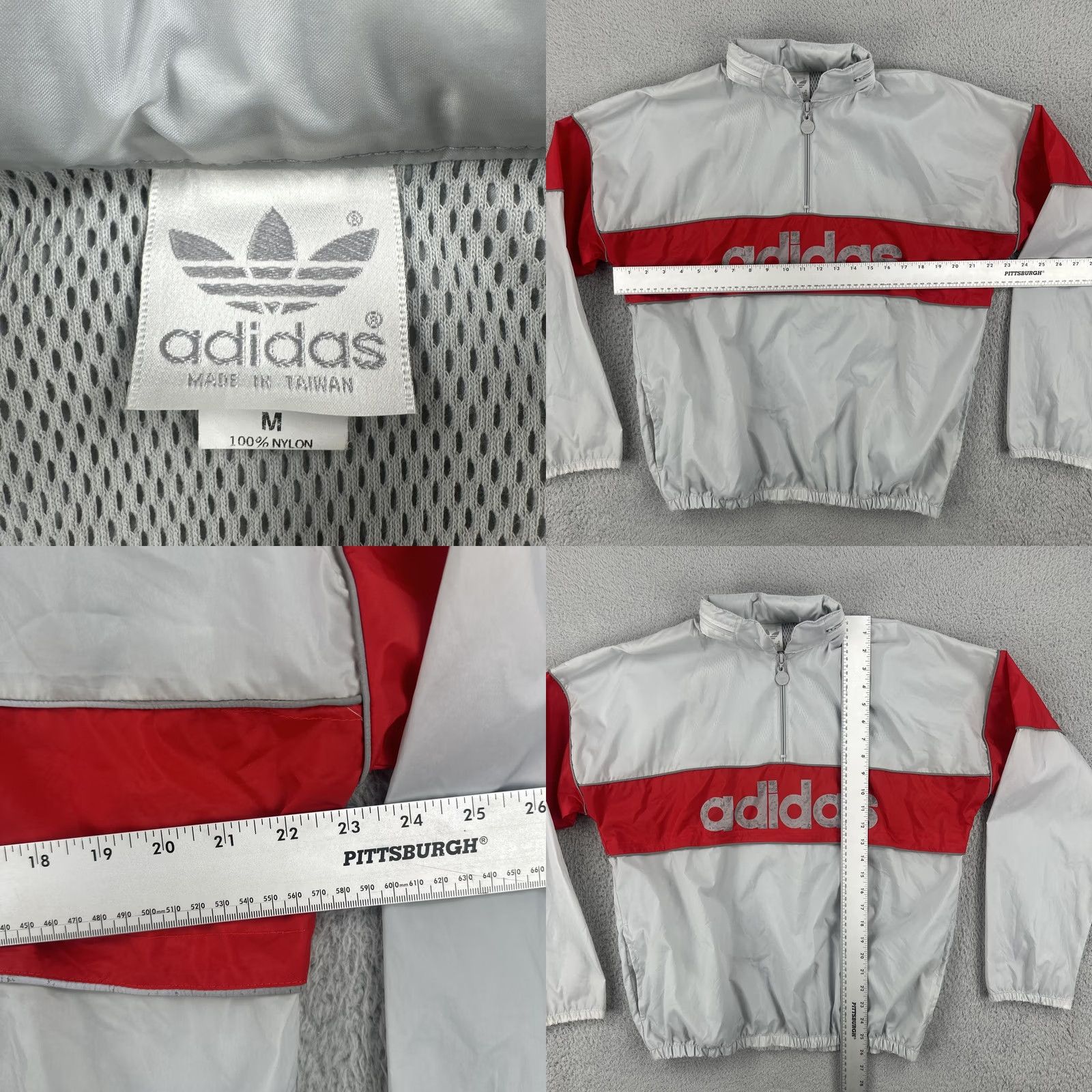 Adidas VINTAGE Adidas Windbreaker Shirt Unisex Adults M Gray 90s Big Logo Spell Out Stowaway Hood EUC Size US M / EU 48-50 / 2 - 8 Thumbnail