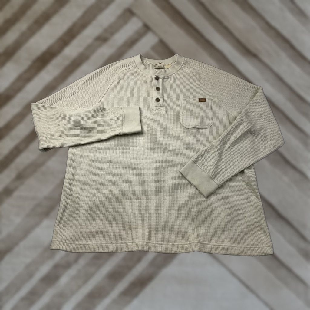 L.L. Bean Shirt Men XL Thermal Long Sleeve Henley Beige Pocket Waffle Knit Editable?