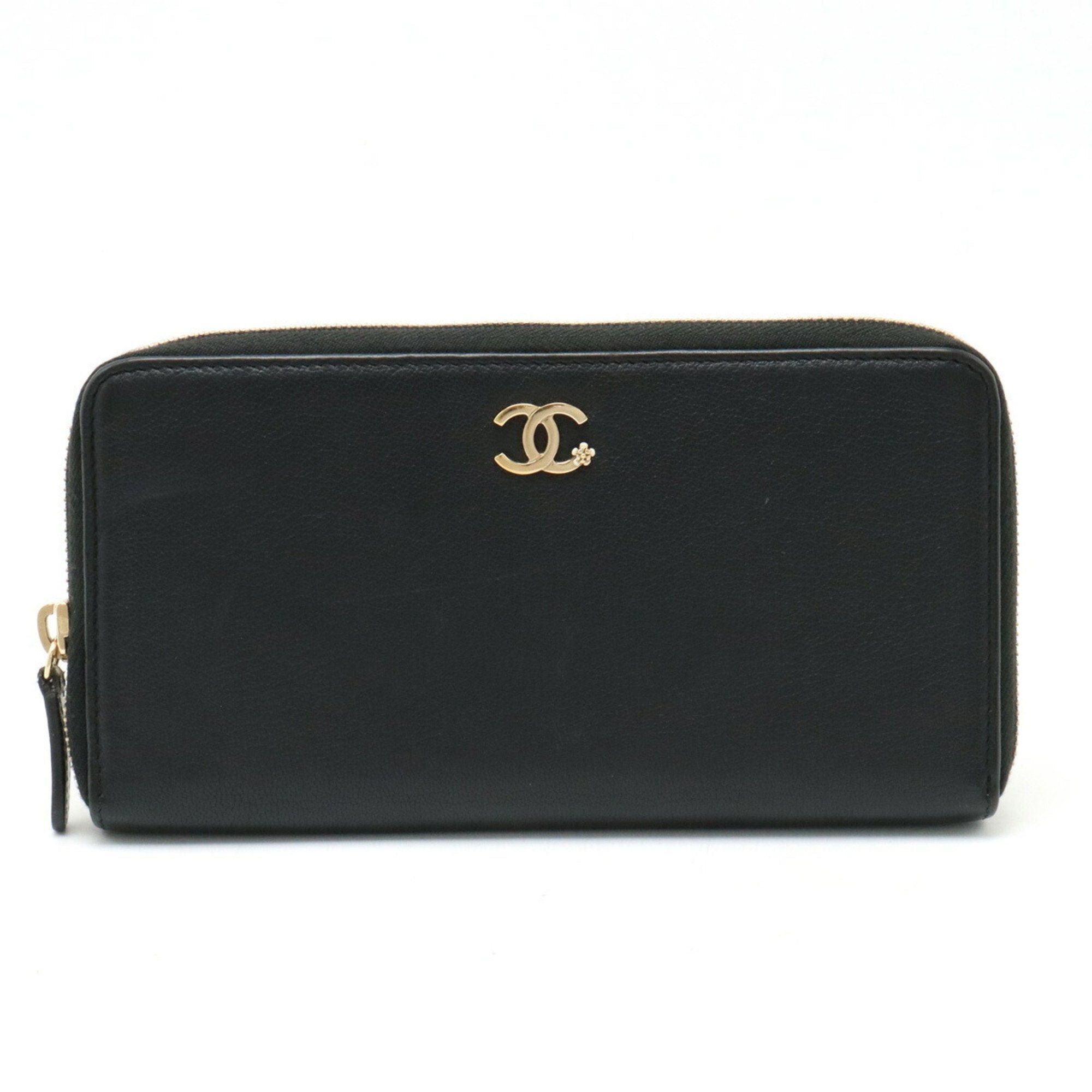 image of Chanel Lucky Flower Coco Mark Round Long Wallet Leather Black A81657, Women's
