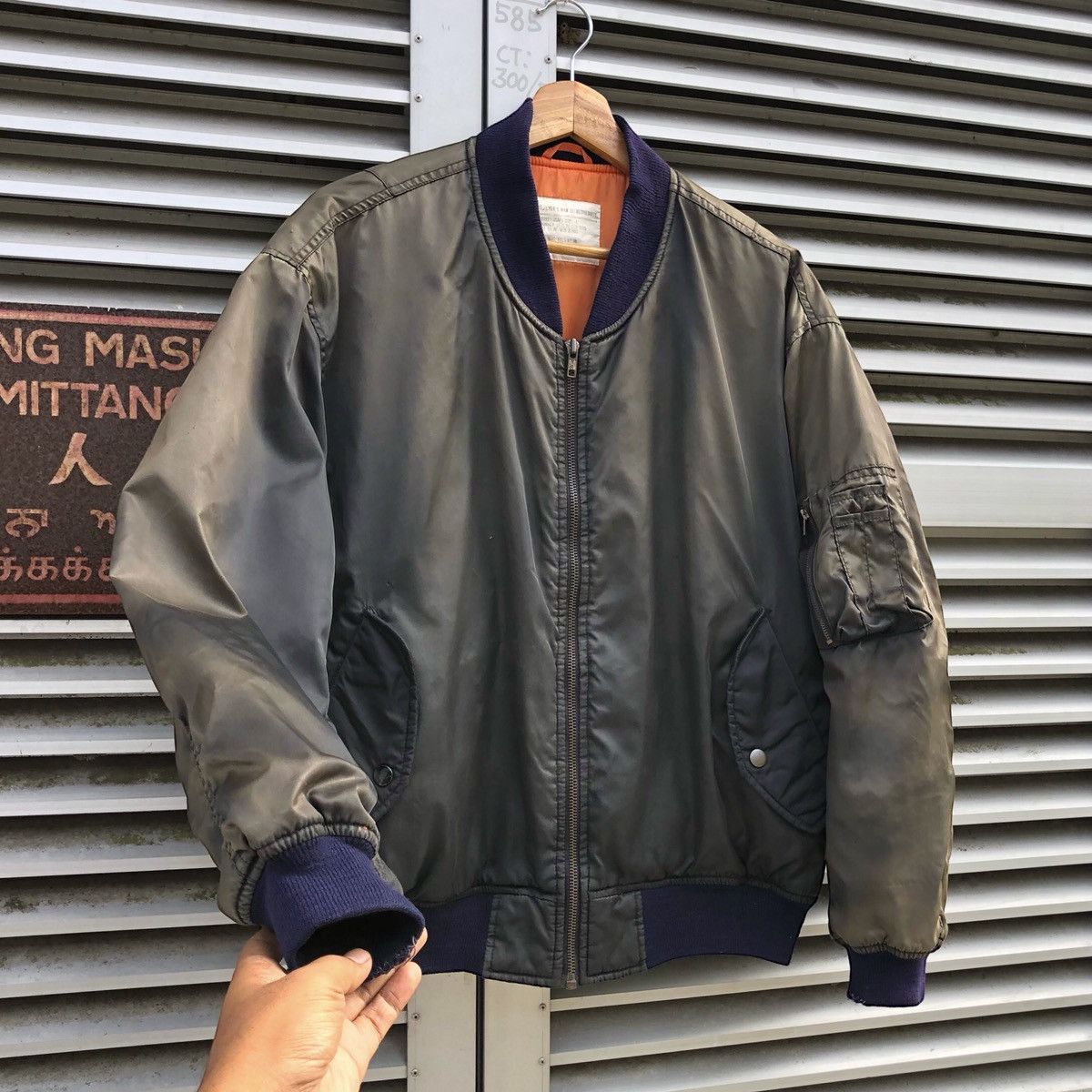 image of Thrashed Faded Ma-1 Man Intermediate Bomber Jacket in Faded Black, Men's (Size Large)