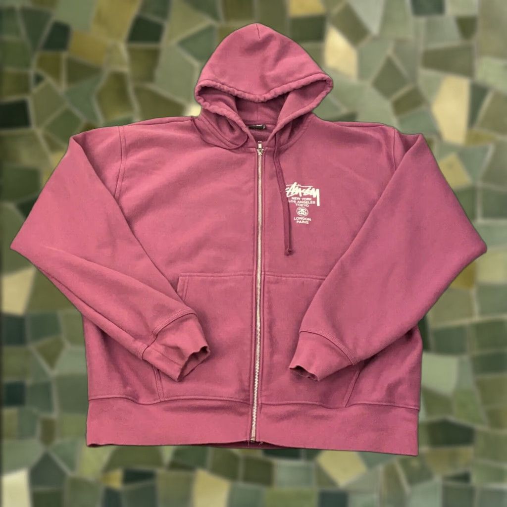 Stussy World Tour Zip Hoodie Mens XXL Berry Sweatshirt