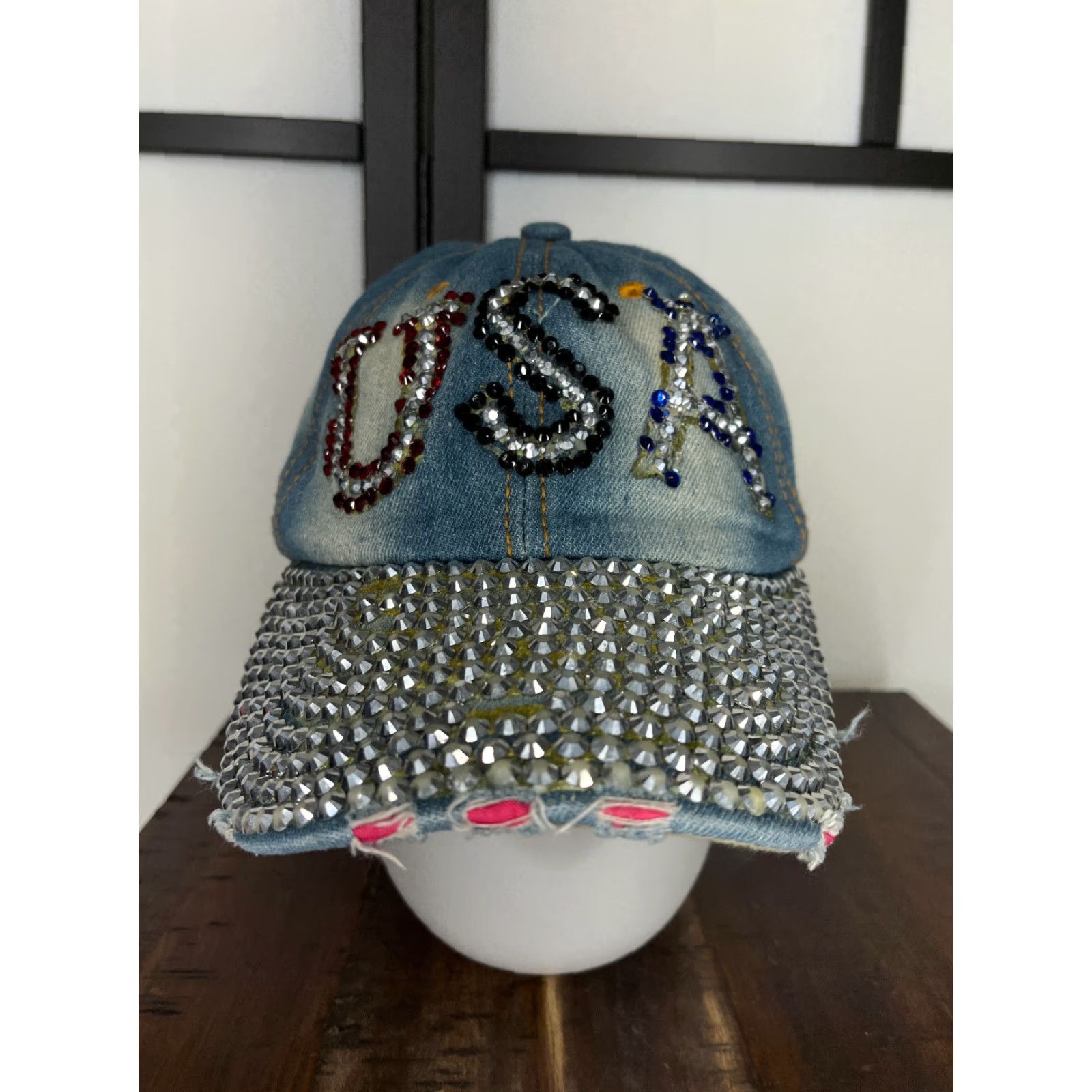 Vintage USA Hat Cap Strap Back Womens One Size Blue Bling Jeweled 100% Cotton Distressed Baseball Cap Size ONE SIZE - 2 Thumbnail
