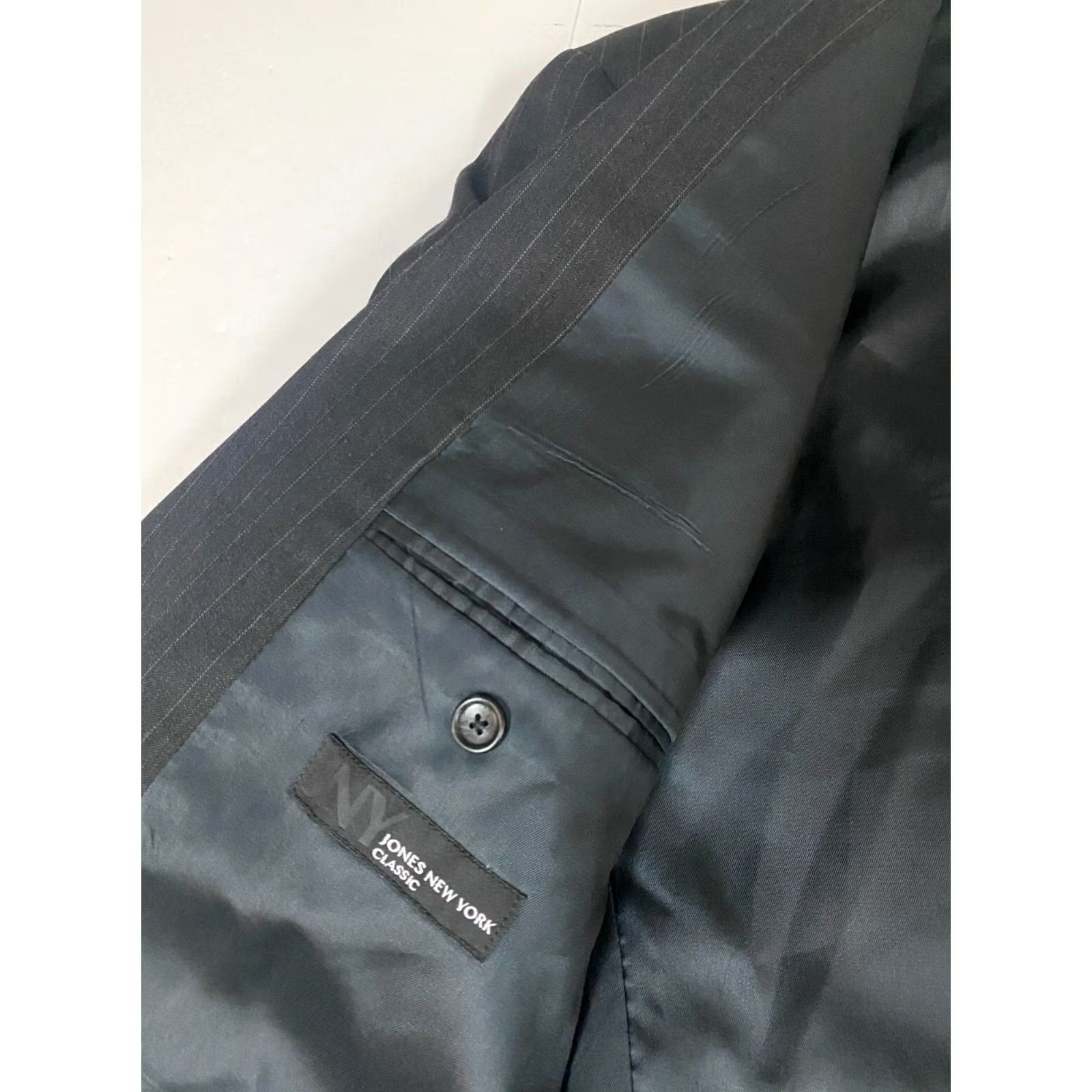 Jones New York Jones New York Mens Blazer 42 Black Classic Striped Tweed Wool Polyester Jacket Coat One Button Single-Breasted Peak Lapel Mens Blazer Size 42R - 6 Thumbnail