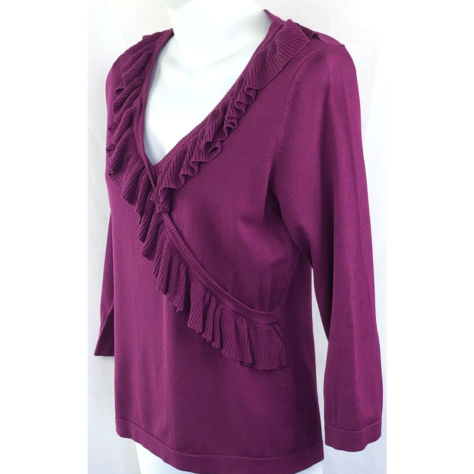 Vintage August Silk Sweater Women M Purple Knit V-Neck 3/4 Sleeves Ruffles Coquette Preppy Y2K Size M / US 6-8 / IT 42-44 - 3 Thumbnail