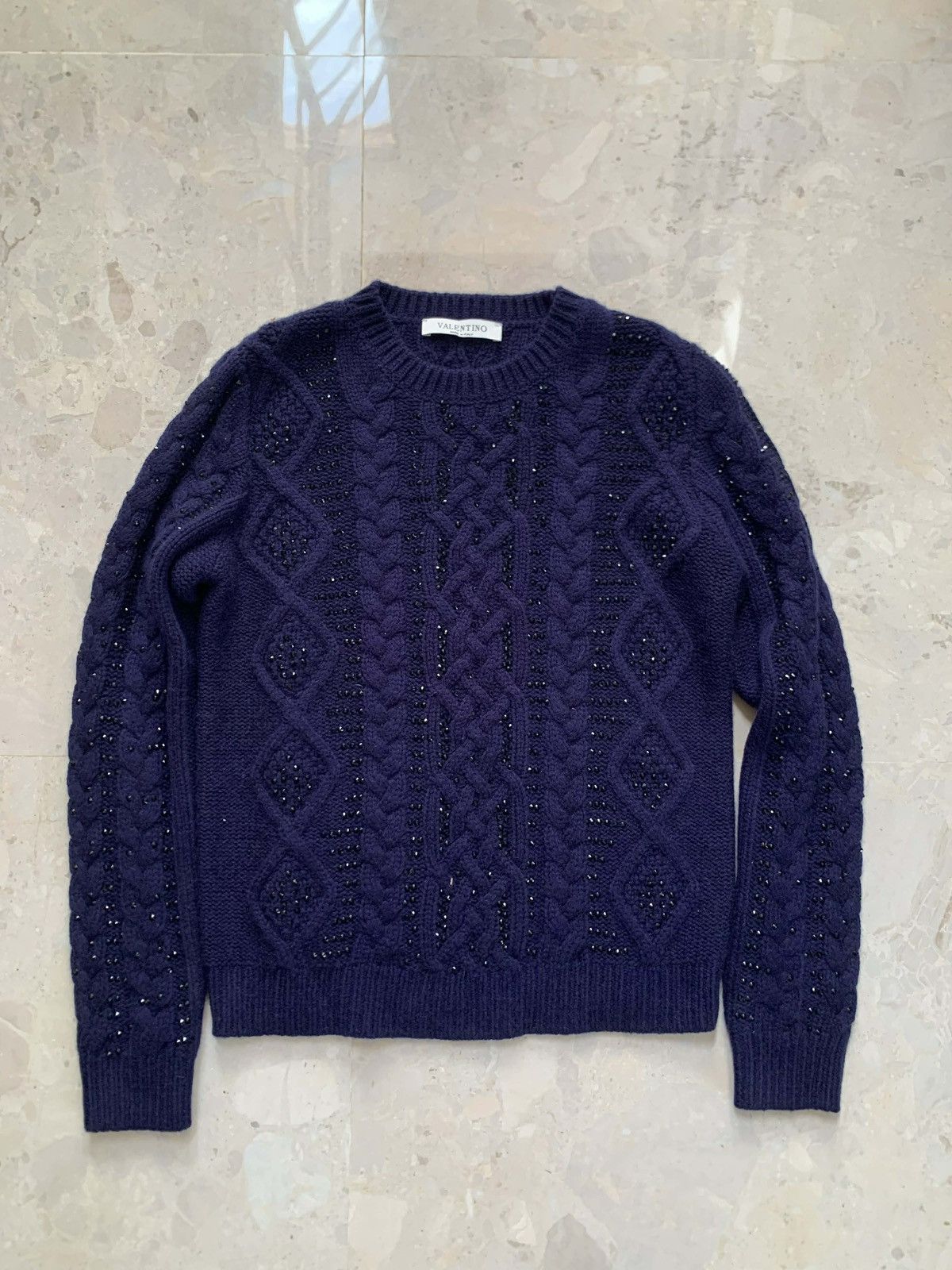 Valentino Valentino Navy Blue Embellished Cable Knit Sweater Size XS / US 0-2 / IT 36-38 - 1 Thumbnail