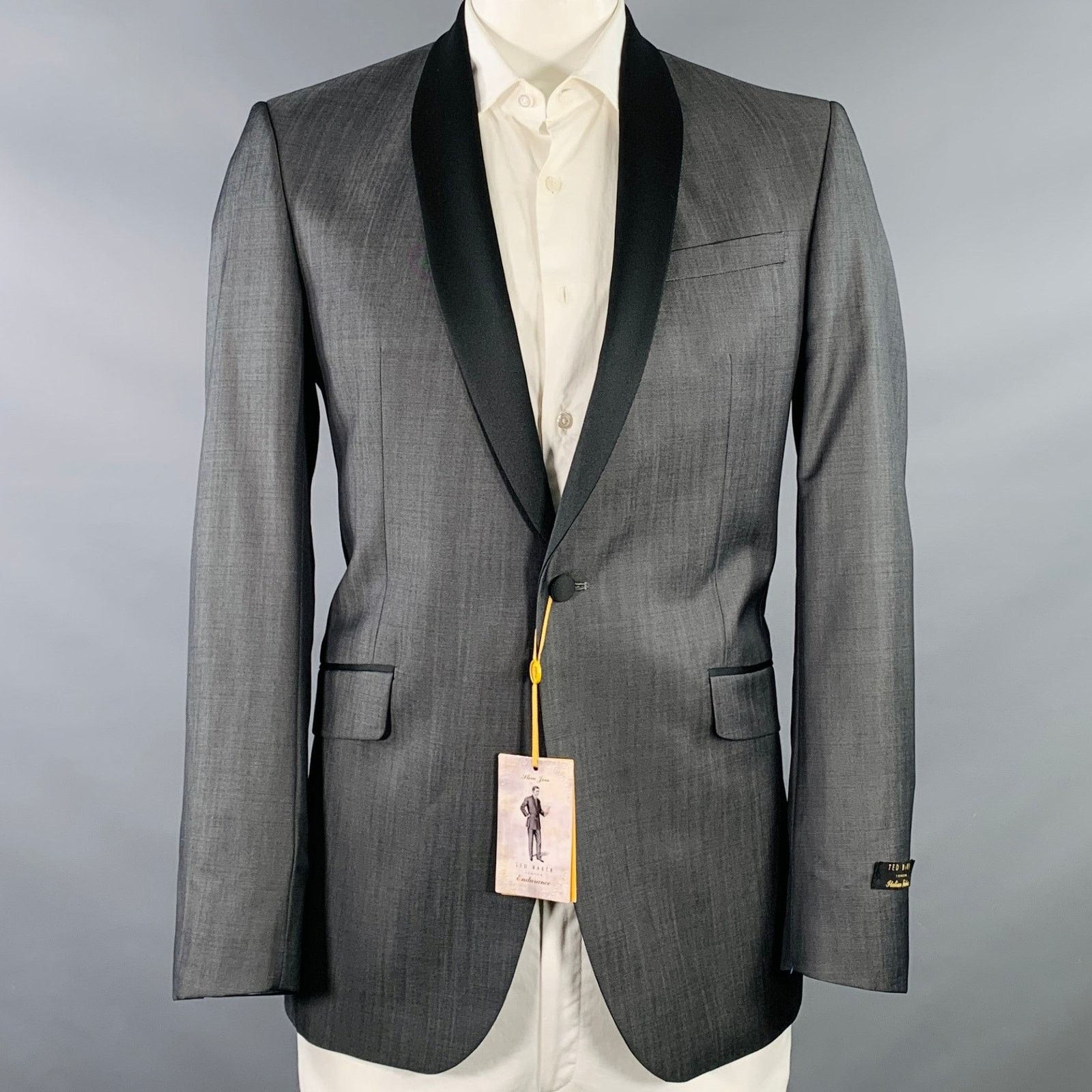 Size 42 Long Grey Black Wool Mohair Shawl Collar Sport Coat