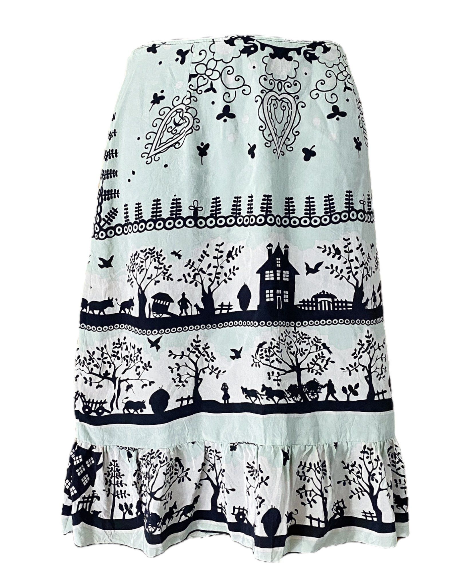 Anna Sui 90s Anna Sui 100% Silk Cottage Scene Midi Skirt | Grailed