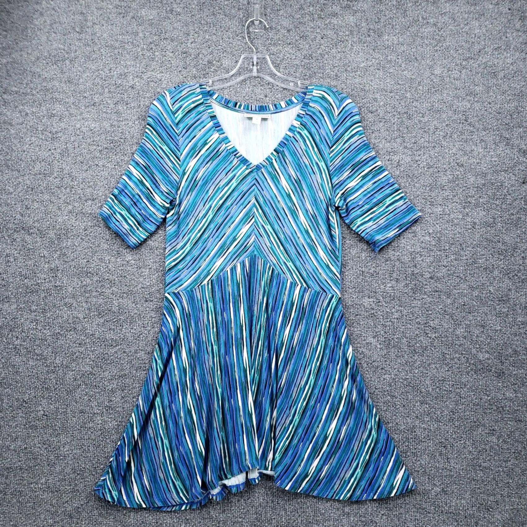 Vintage Dana Buchman Dress Womens S Small Blue Fit & Flare Short Sleeve V-Neck Striped Casual Size 28" / US 6 / IT 42 - 2 Thumbnail