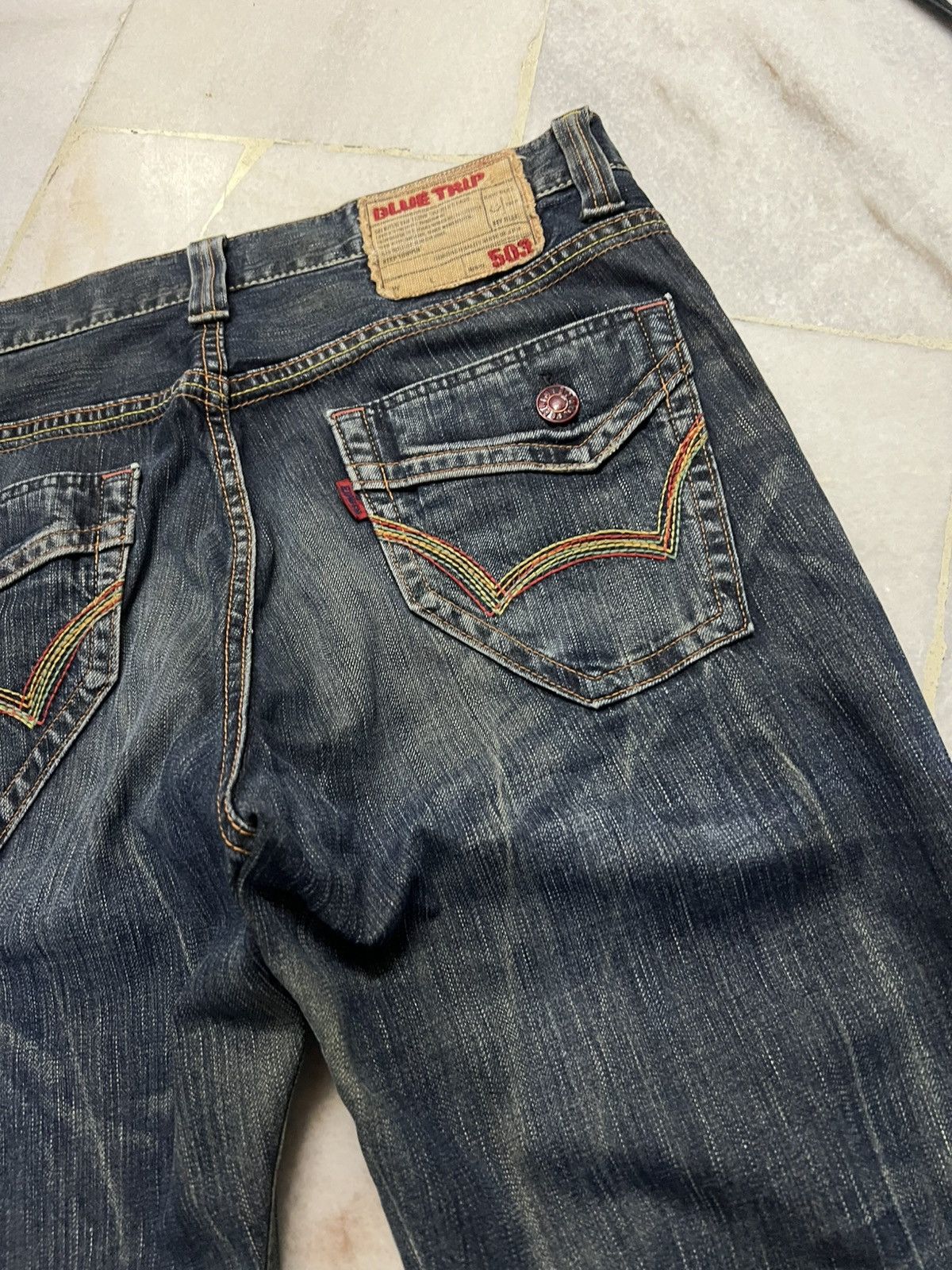 Edwin × Vintage 💥Flare💥Edwin 503 Blue Trip Distress Jean Size US 35 - 18 Thumbnail