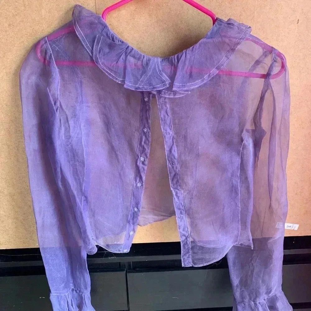 Designer Chic Sheer Purple Blouse with Ruffled Neckline Size S / US 4 / IT 40 - 4 Thumbnail