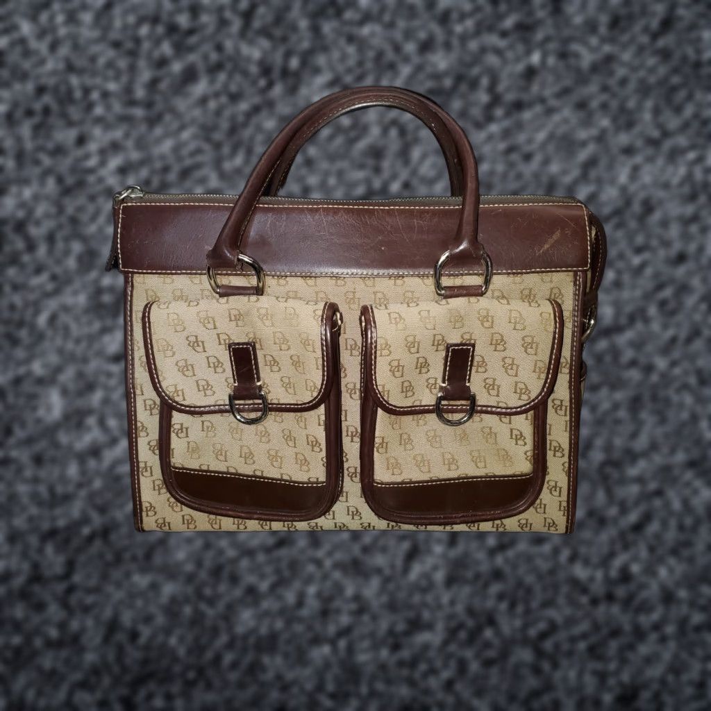 Dooney & Bourke VINTAGE Dooney & Bourke Signature Jacquard Mocha Double Pocket Handbag/Tote Bag Women Medium Brown 10x12in Logo Classic Designer Tote Size ONE SIZE - 1 Thumbnail