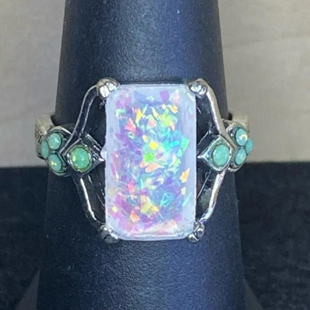 Designer Victorian Style Square White Fire Opal Silver Ring - Size 7 Size ONE SIZE - 7 Thumbnail