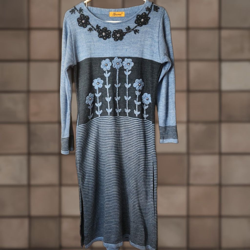 Vintage VINTAGE Flowers Gaarvi Blue/Gray Stripe Floral Long Sleeve Wool Blend Midi Dress-Size M Shirt Womens Size M / US 6-8 / IT 42-44 - 1 Thumbnail