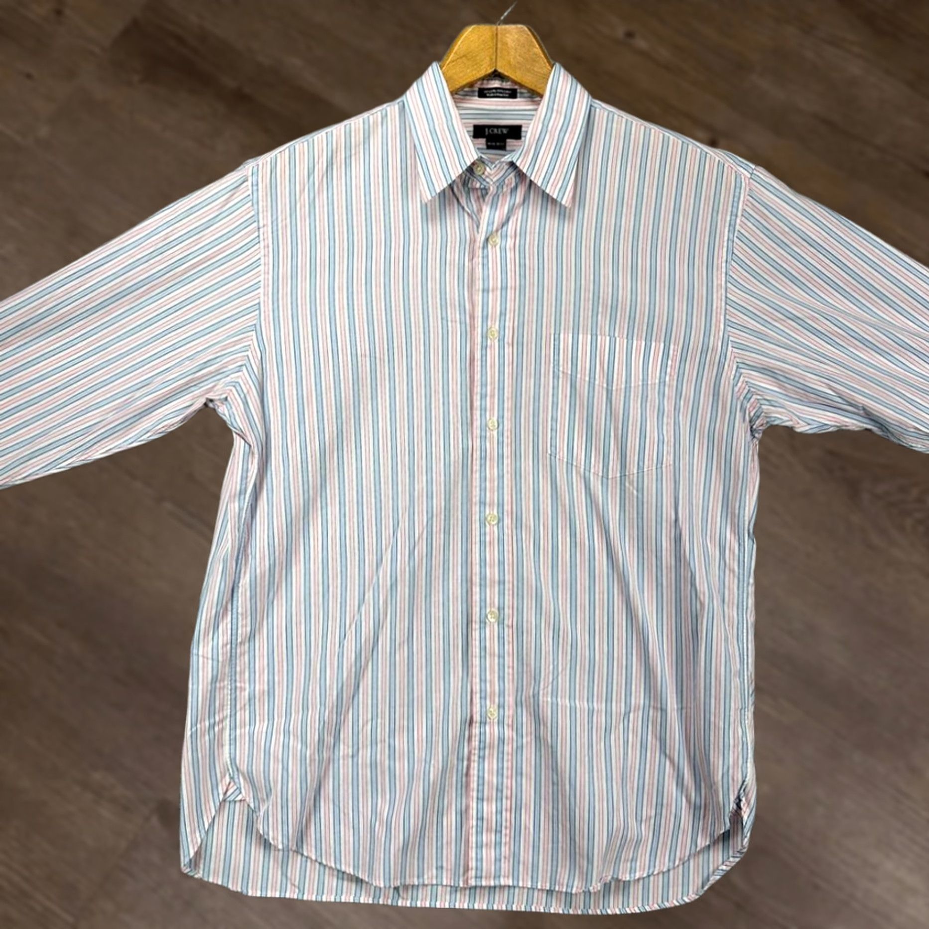 Vintage J Crew Dress Shirt Adult Medium 15-15.5 Blue Pink Striped Button Up Pocket Mens Size 40R - 1 Thumbnail