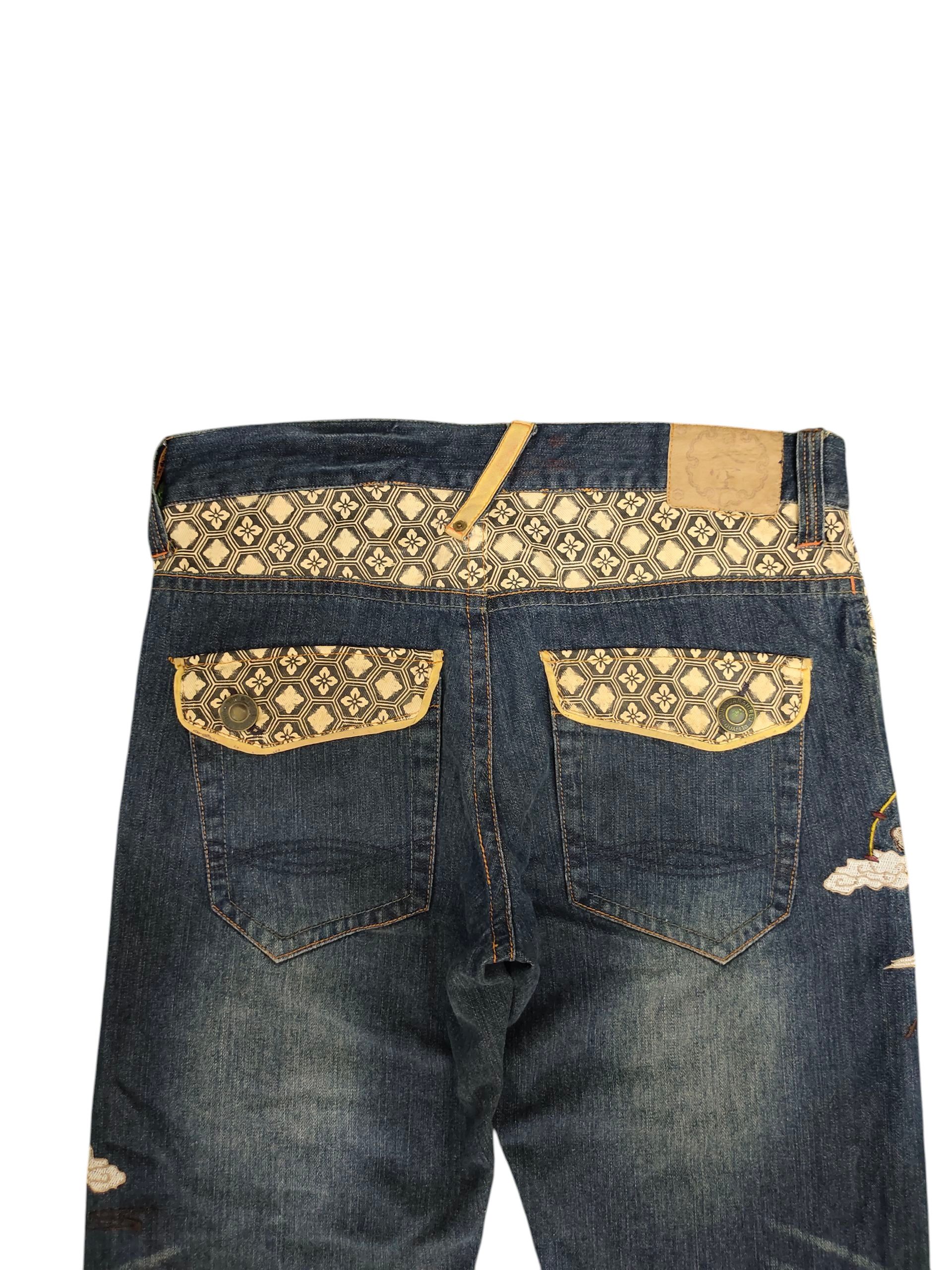 Karakuri Tamashii Japanese Sukajan Seku Raijin and Fujin Embroidered Jeans Size US 35 - 9 Thumbnail