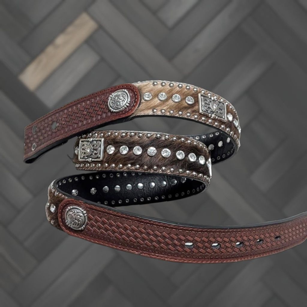 Vintage VINTAGE Ranger Western Belt belt Men 42 Brown Leather Studded Rhinestone Cowhair Concho 1-1/2" Western 90s Mens Size 42 - 1 Thumbnail