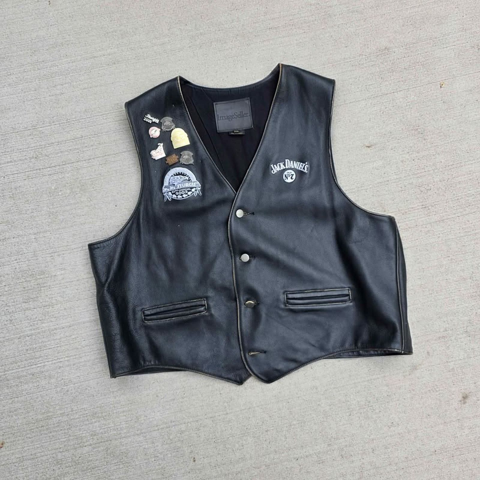 Vintage Leather Biker Vest Jack Daniels Sturgis Motorcycle Pins Y2K Size US XXL / EU 58 / 5 - 1 Thumbnail