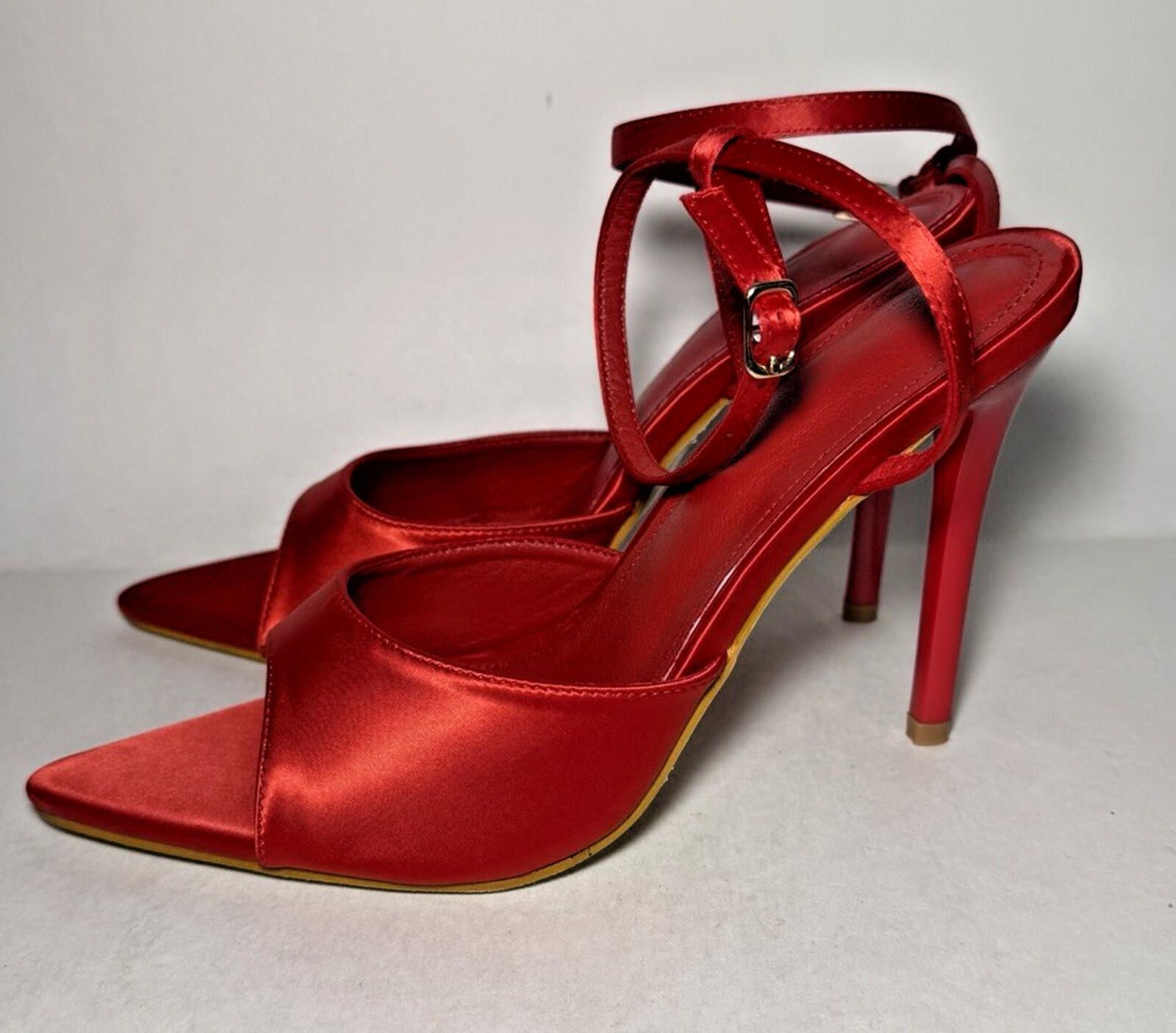 Ego Tripping Truely Ankle Strap Pointed Peep Toe Stiletto Red Satin Size US 9 / IT 39 - 3 Thumbnail
