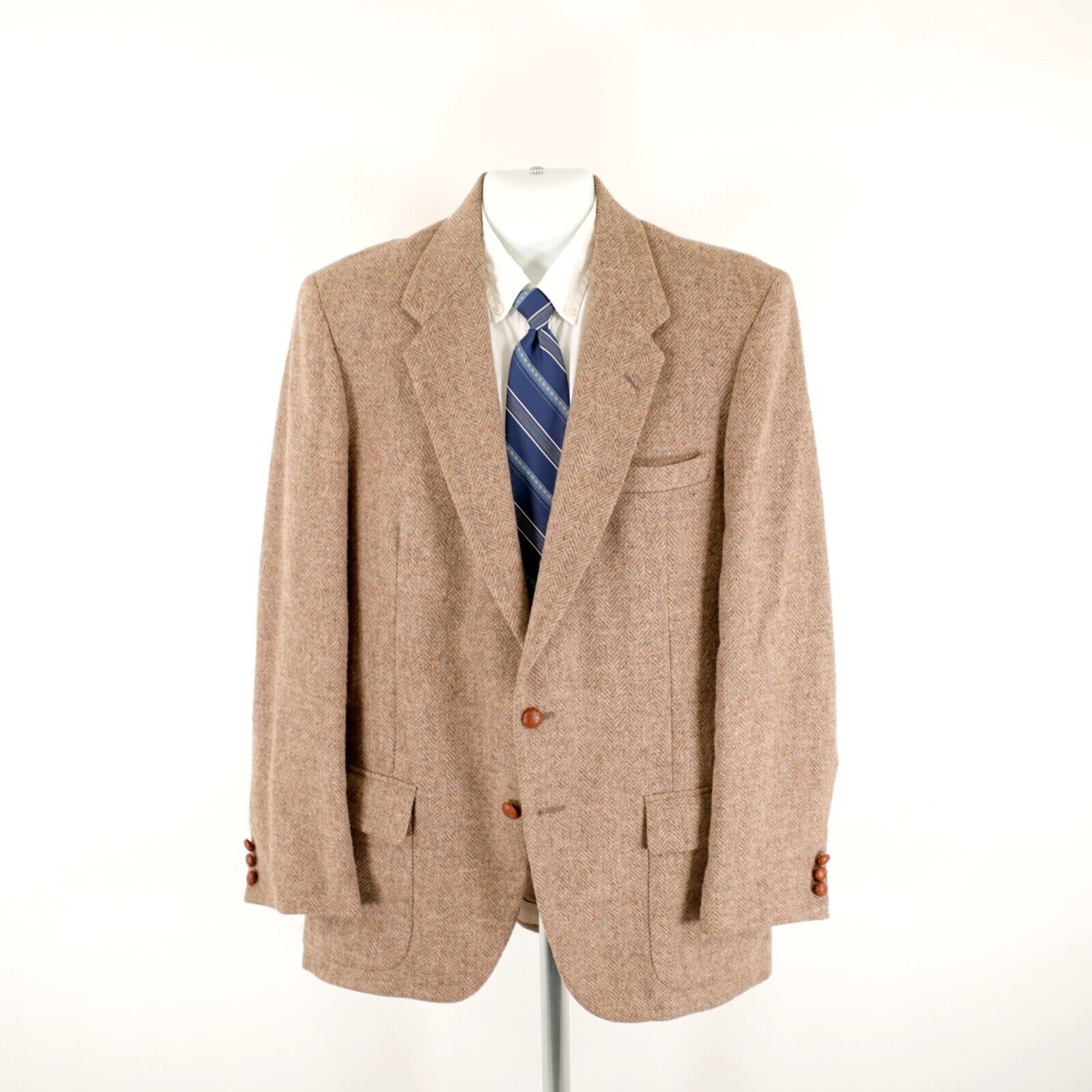 Farah WM F Farah Tweed Wool Tan Herringbone 2 Leather Button Sport Size 40L - 5 Thumbnail