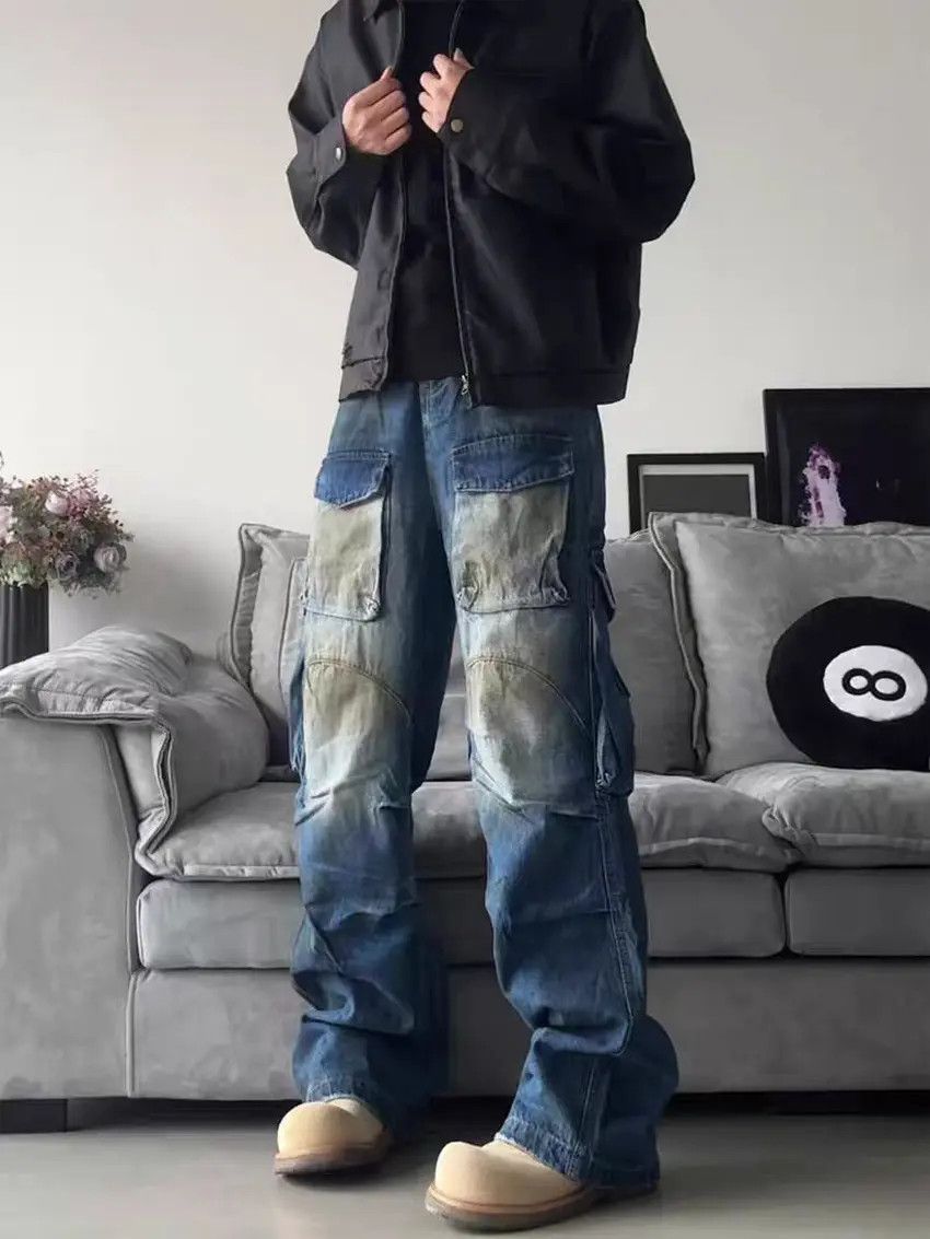 Designer × Japanese Brand Dirty Dye Washed Wide Leg Straight Jeans Size US 30 / EU 46 - 3 Thumbnail