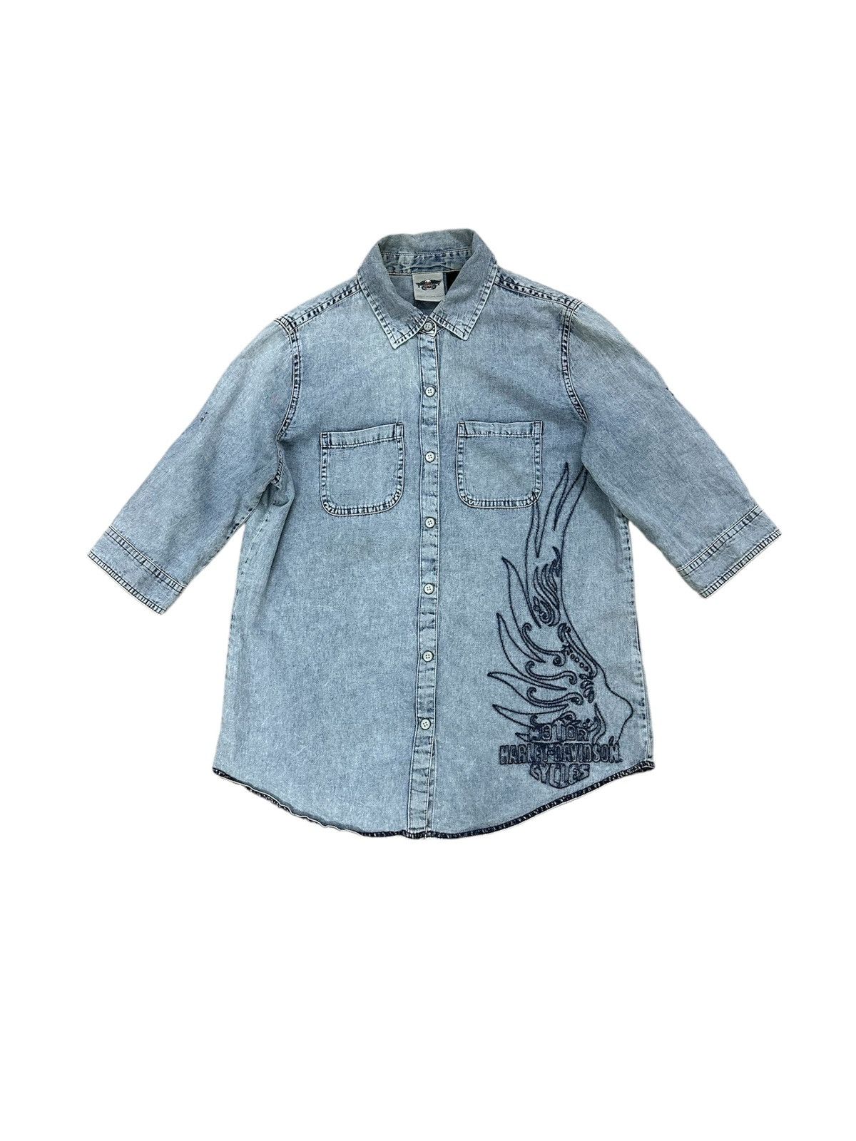 Beauty Beast × Harley Davidson × Vintage Rare Harley Davidson Stone Button Washed Denim Shirt Size XS / US 0-2 / IT 36-38 - 1 Thumbnail