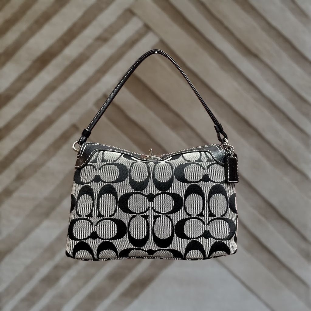 Coach VINTAGE Coach Shoulder Bag Gray Black Signature C Jacquard Turnlock Mini Hobo Bag Womens Size ONE SIZE - 1 Thumbnail