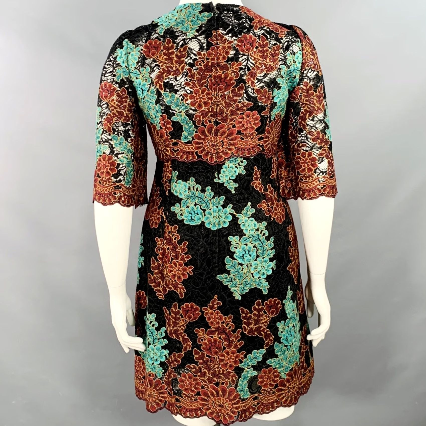 Dolce & Gabbana DOLCE & GABBANA Dress 10 Black Green Brown Floral Lace 3/4 Sleeves Knee Length Women Size L / US 10 / IT 46 - 4 Thumbnail