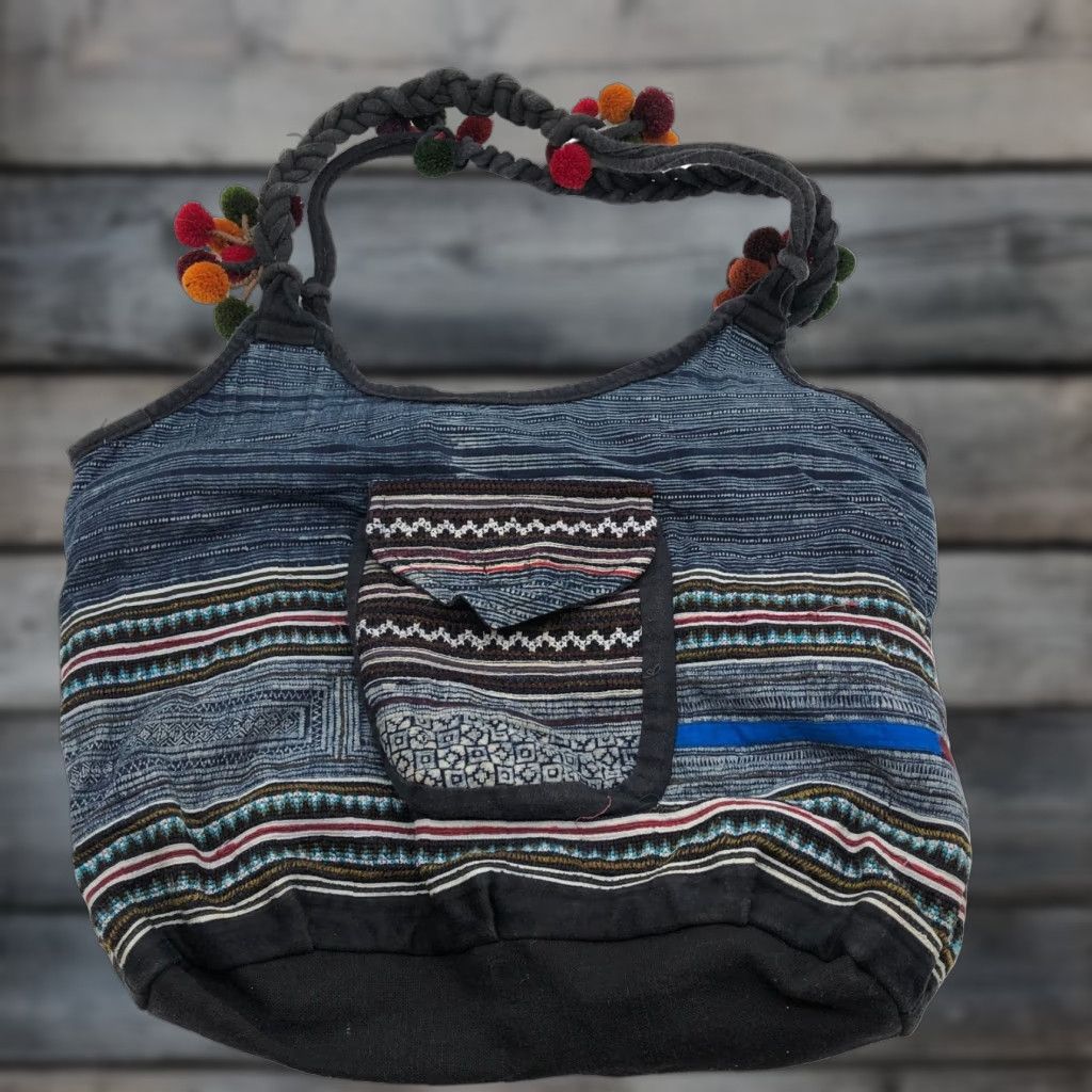 Vintage Woven Boho Shoulder Bag Tote Blue Western Medium Festive Womens