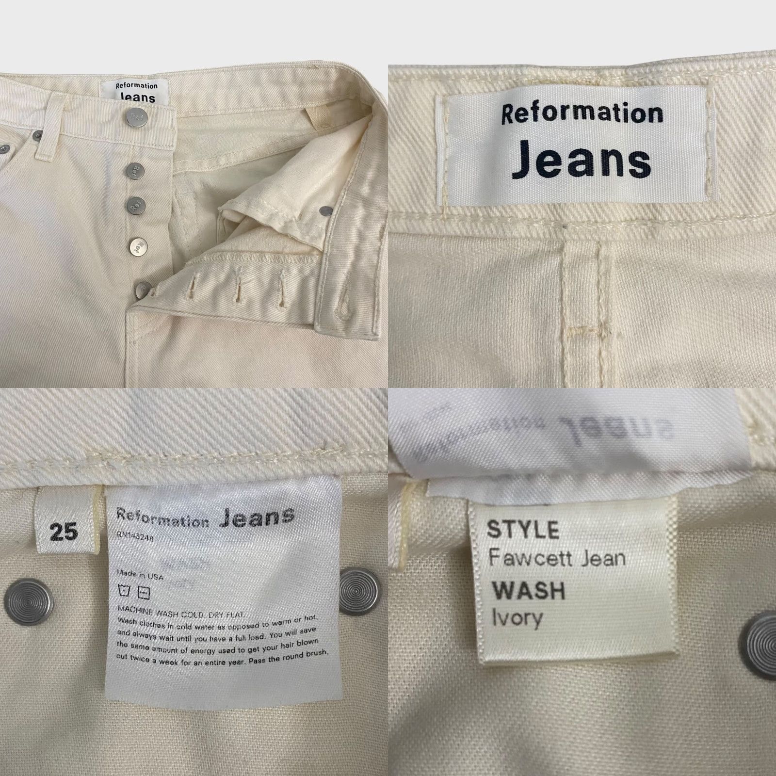 Reformation VINTAGE Reformation Fawcett Straight-Leg Denim Jeans Womens 25 High-Rise Raw-Hem Ivory Cotton Retro Size 42" / US 20 - 8 Thumbnail