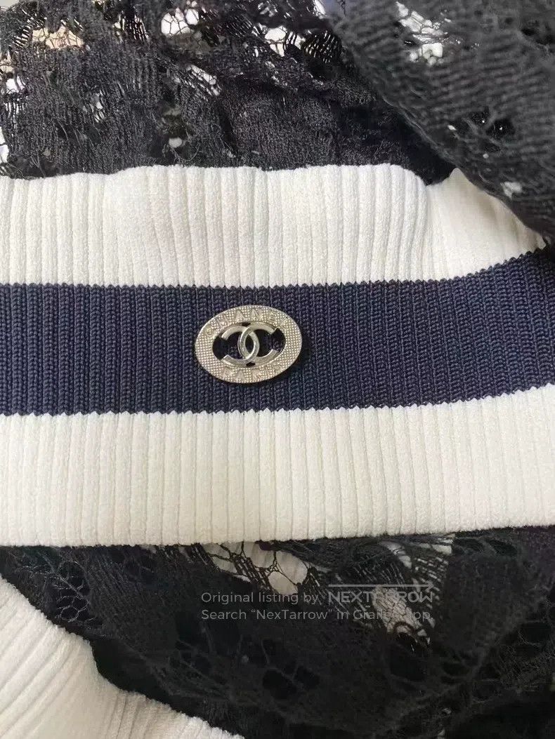 Chanel Chanel Black and white horizontal stripe V-neck lace flowe Size XS / US 0-2 / IT 36-38 - 4 Thumbnail