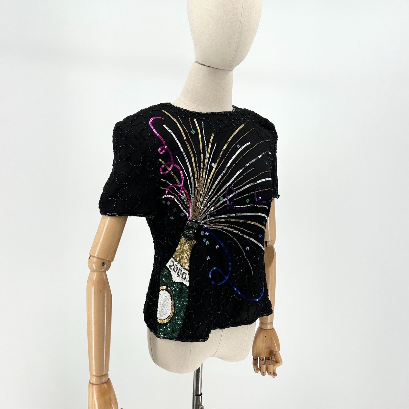 Adrianna Papell Black 100% Silk Sequin Champagne NYE Top Size S / US 4 / IT 40 - 1 Thumbnail
