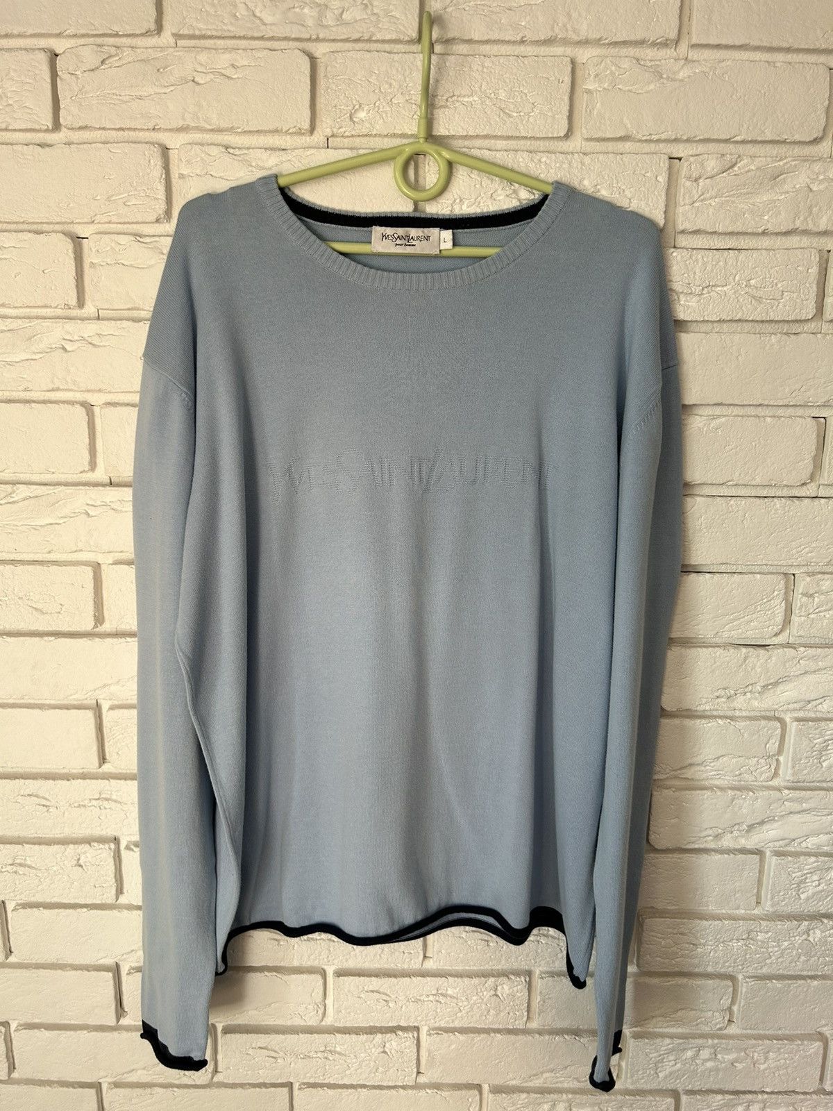 image of 90's Vintage YVES Saint Laurent YSL Big Logo Sweater Knit in Baby Blue, Men's (Size Large)