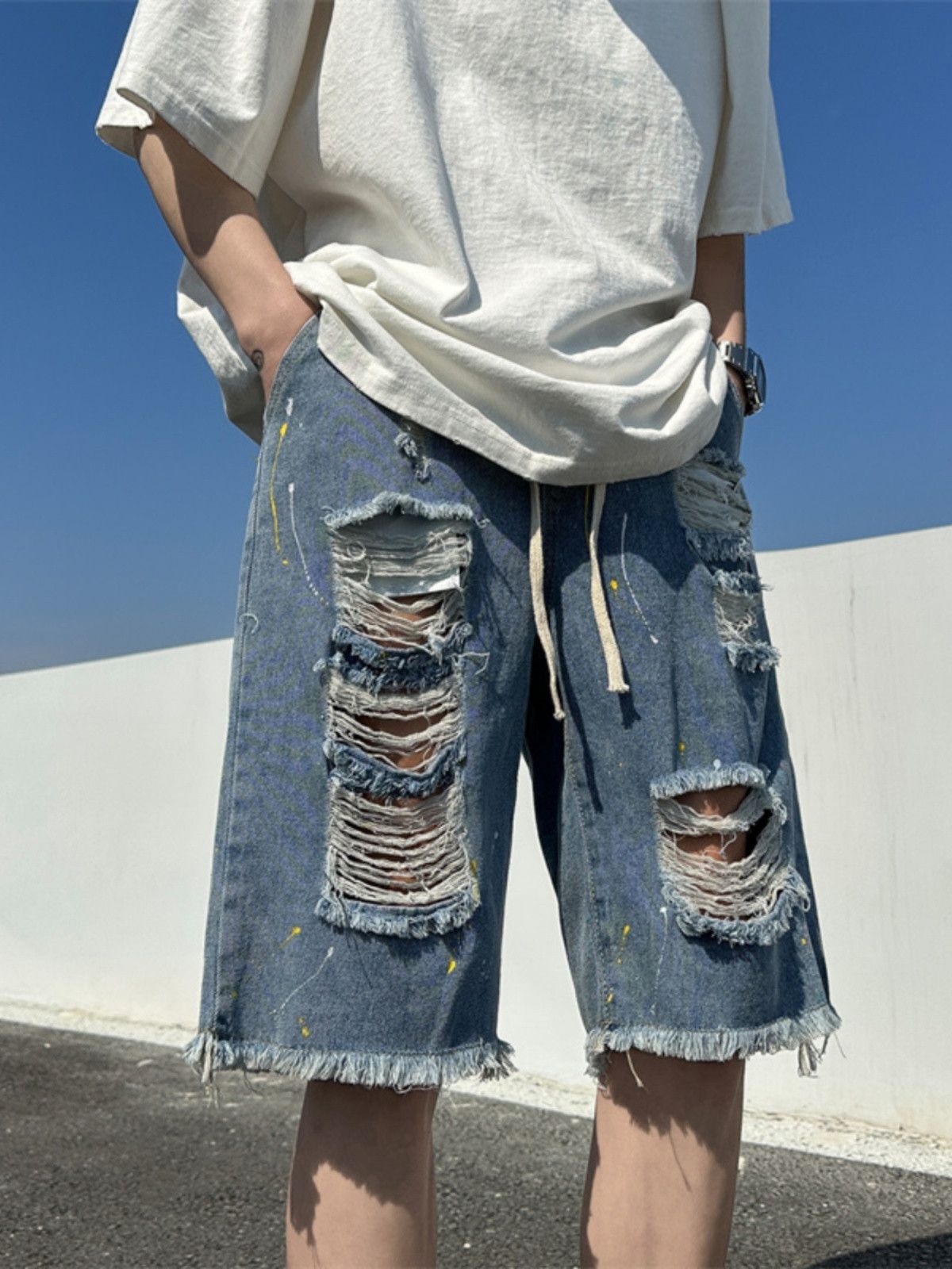 Japanese Brand × Jean Versatile ink splashed loose hole denim shorts Size US 32 / EU 48 - 1 Thumbnail