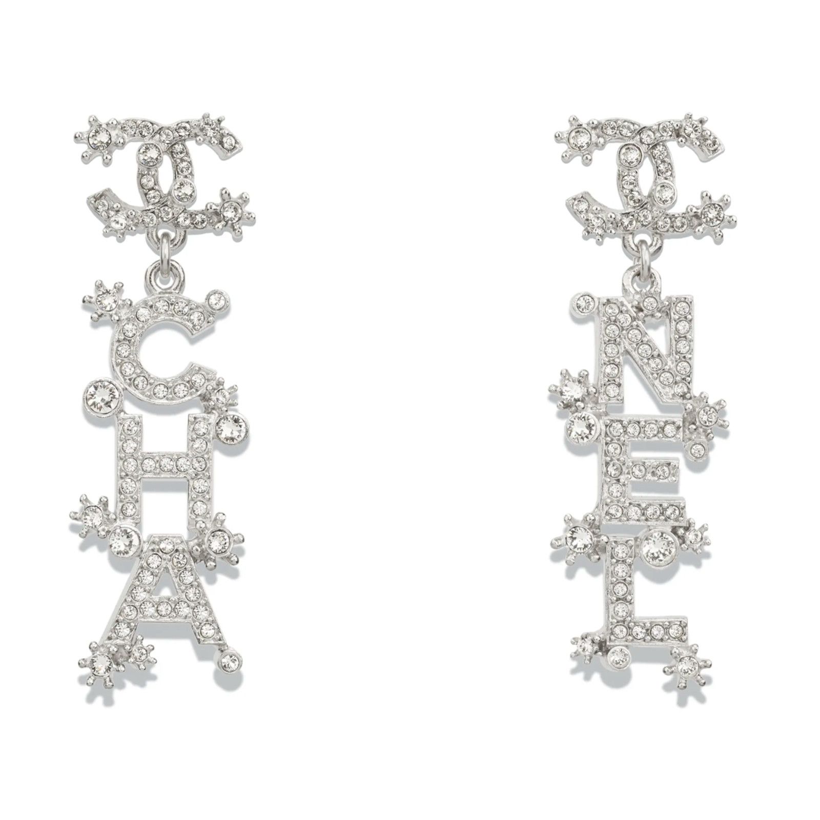 Chanel Chanel Silver Crystal Letter Statement Stud Drop Earrings Size ONE SIZE - 1 Thumbnail