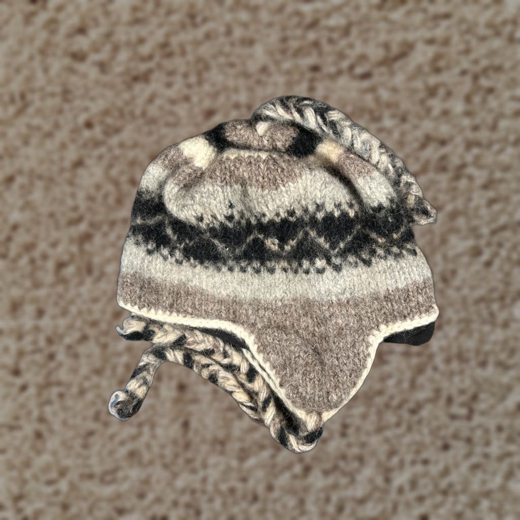 Beanie Toque Beanie Hat Adult One Size Gray Fair Isle Wool Polyester Lined Tassels Ski